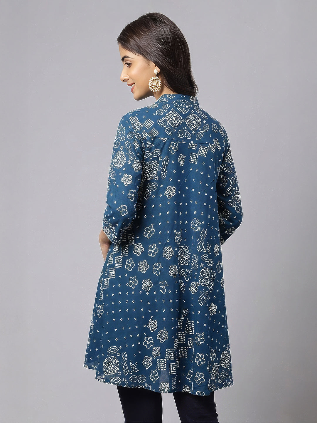 Janasya Women's Teal Blue Pure Cotton Bandhani Printed Flared Tunic