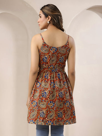 Janasya Women's Red Pure Cotton Paisley Printed A-Line Tunic