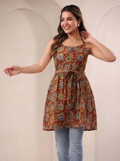 Janasya Women's Red Pure Cotton Paisley Printed A-Line Tunic
