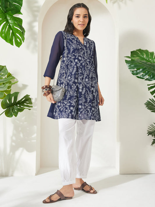Janasya Women's Navy Blue Georgette Floral Printed  A-Line Tunic