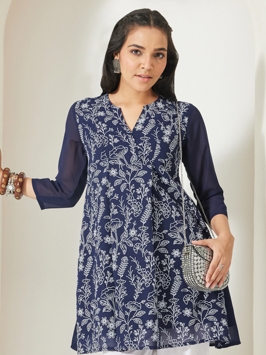 Janasya Women's Navy Blue Georgette Floral Printed  A-Line Tunic