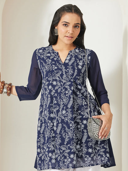 Janasya Women's Navy Blue Georgette Floral Printed  A-Line Tunic