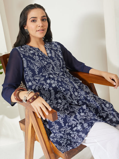 Janasya Women's Navy Blue Georgette Floral Printed  A-Line Tunic