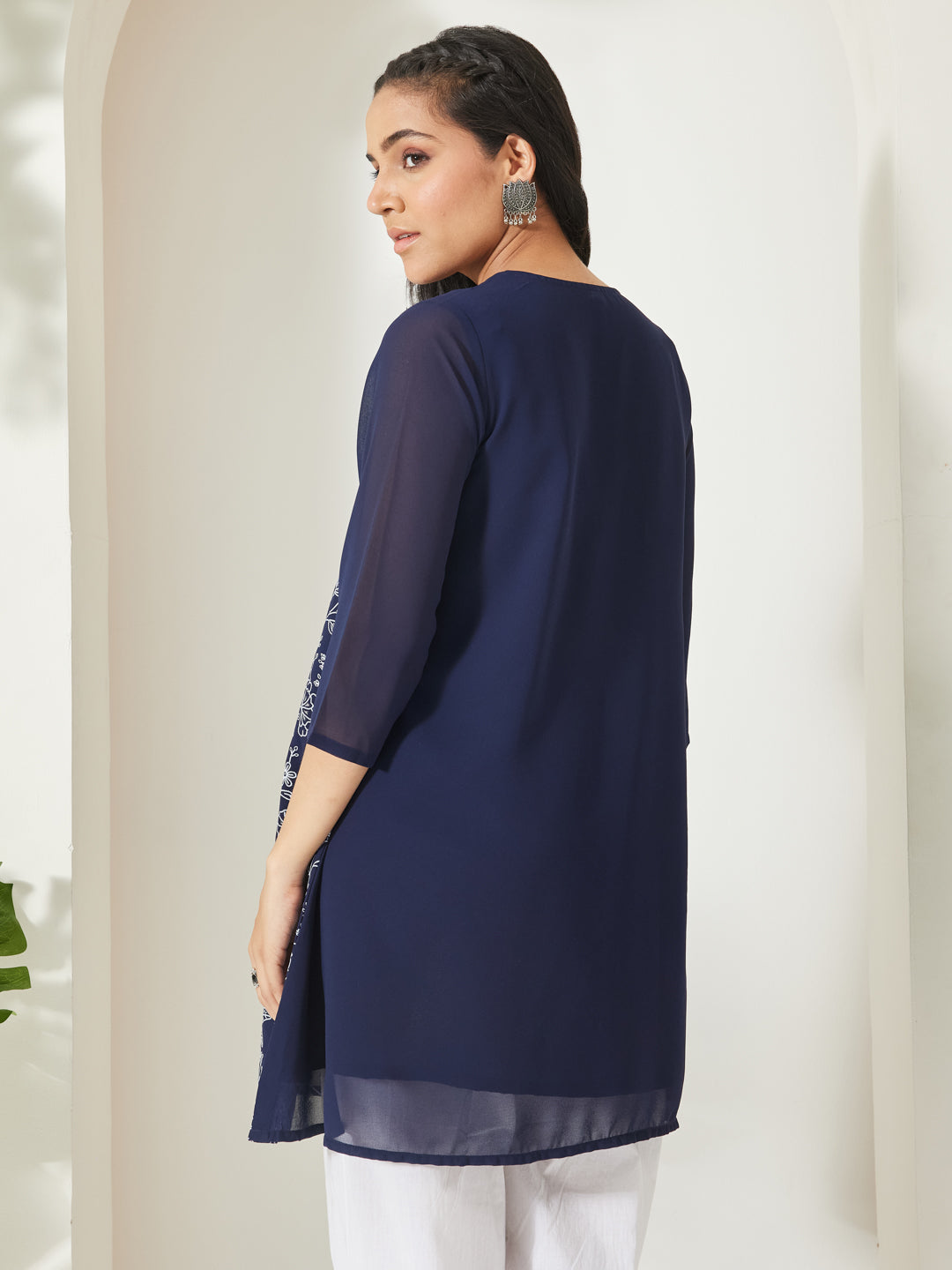 Janasya Women's Navy Blue Georgette Floral Printed  A-Line Tunic