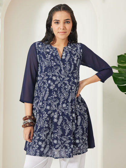 Janasya Women's Navy Blue Georgette Floral Printed  A-Line Tunic