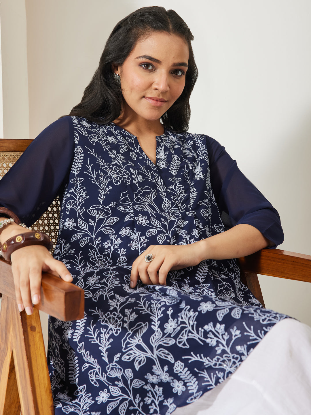 Janasya Women's Navy Blue Georgette Floral Printed  A-Line Tunic