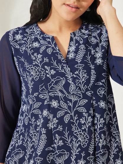 Janasya Women's Navy Blue Georgette Floral Printed  A-Line Tunic