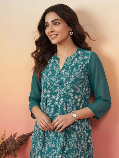 Janasya Women's Teal Green Georgette Floral Rubber Print A-Line Tunic