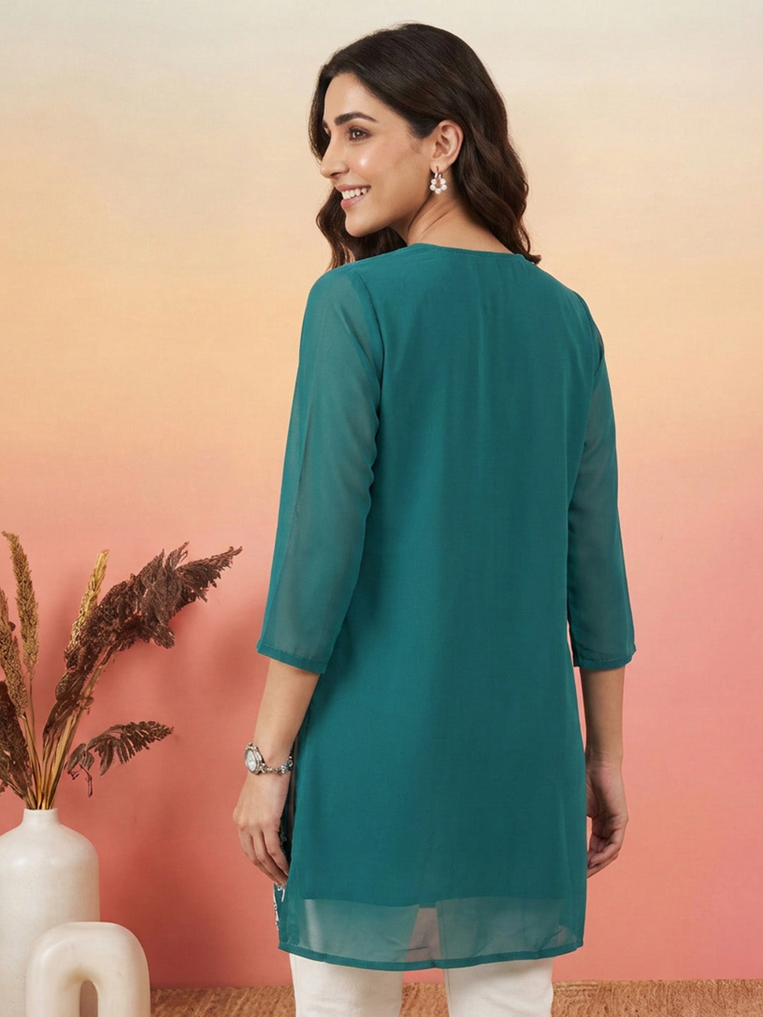 Janasya Women's Teal Green Georgette Floral Rubber Print A-Line Tunic
