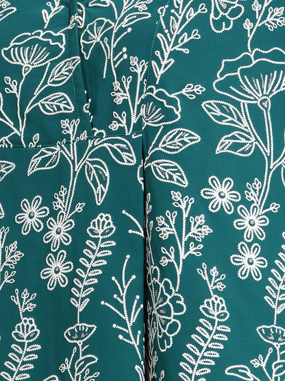 Janasya Women's Teal Green Georgette Floral Rubber Print A-Line Tunic