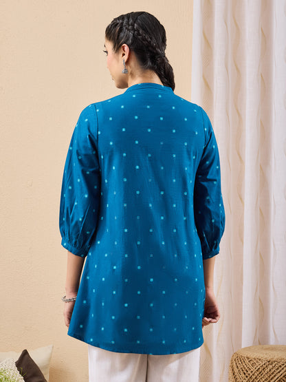 Janasya Women's Teal Blue Pure Cotton Floral Foil Printed A-line Tunic