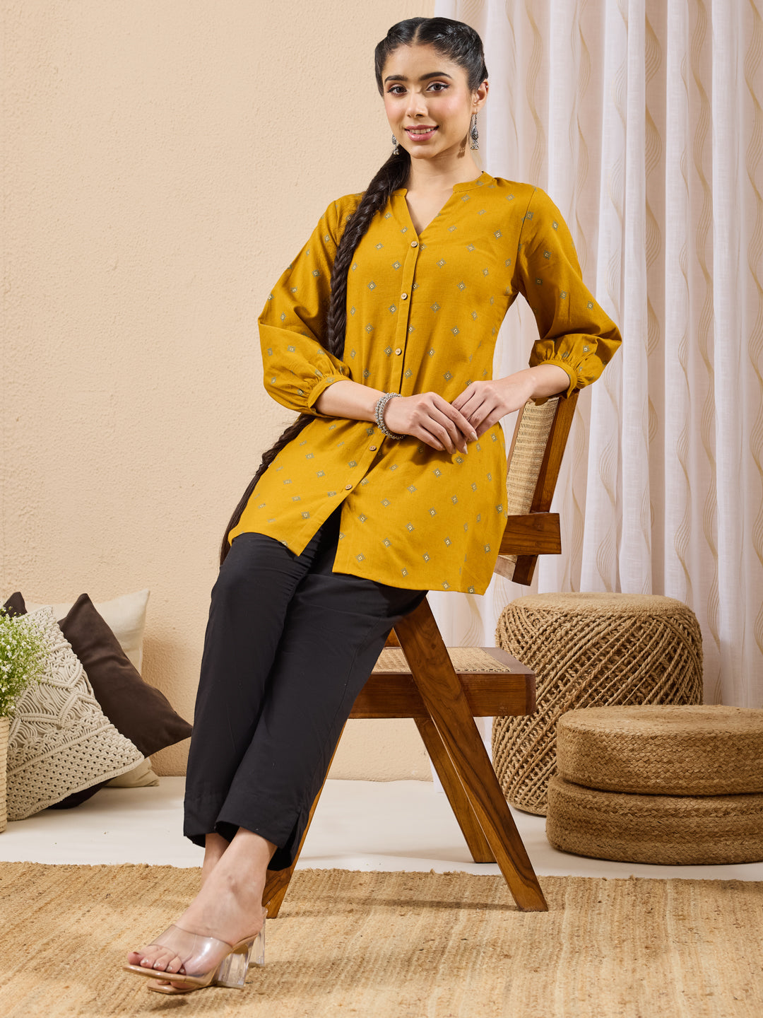 Janasya Women's Mustard Linen Cotton Ethnic Motifs Printed Straight Tunic