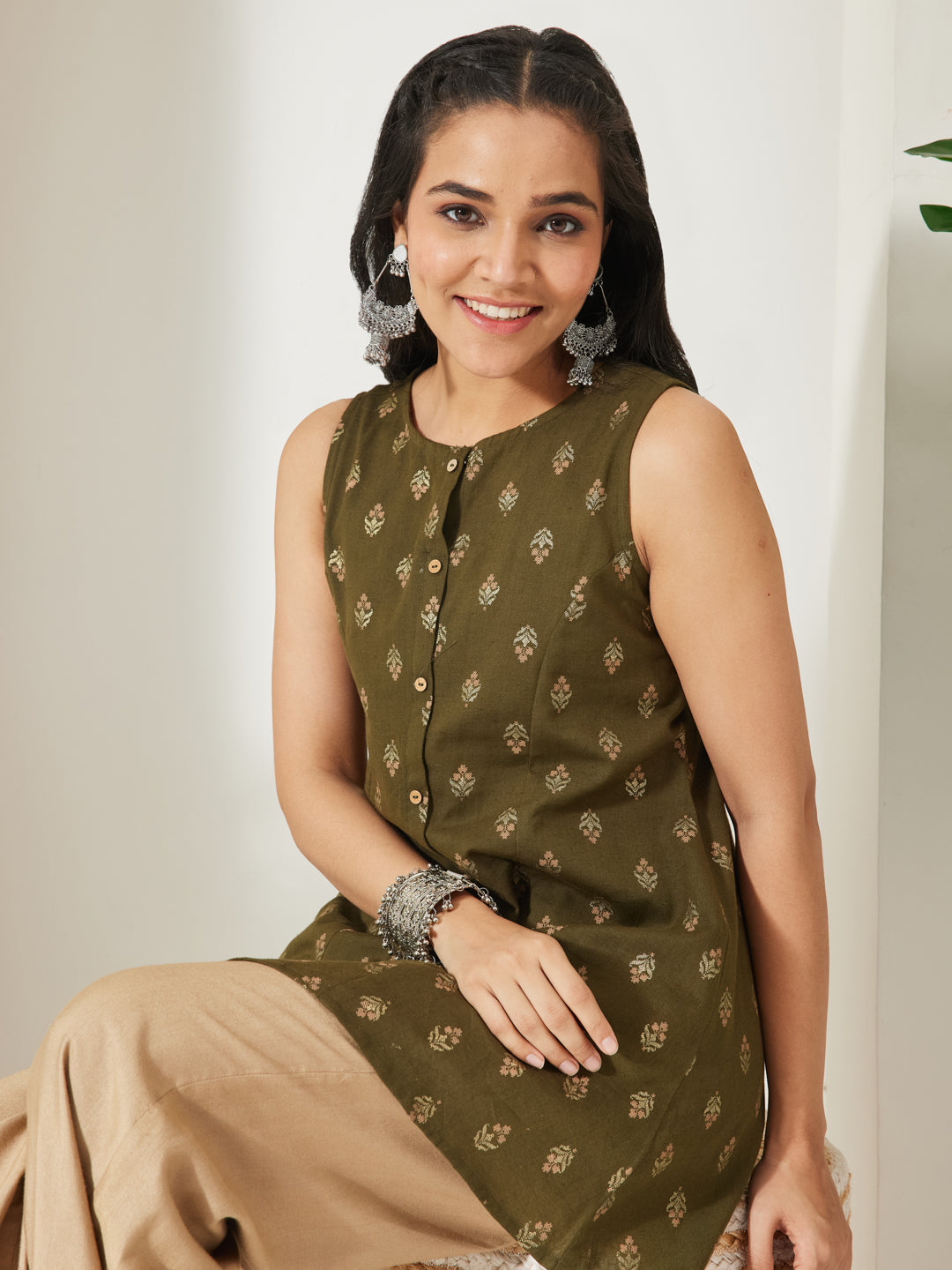 Janasya Women's Olive Green Linen Cotton Foil Ethnic Motifs Print A-Line Tunic