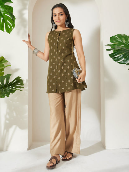 Janasya Women's Olive Green Linen Cotton Foil Ethnic Motifs Print A-Line Tunic
