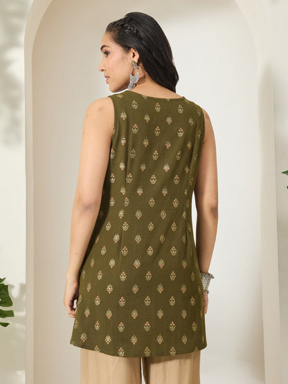 Janasya Women's Olive Green Linen Cotton Foil Ethnic Motifs Print A-Line Tunic