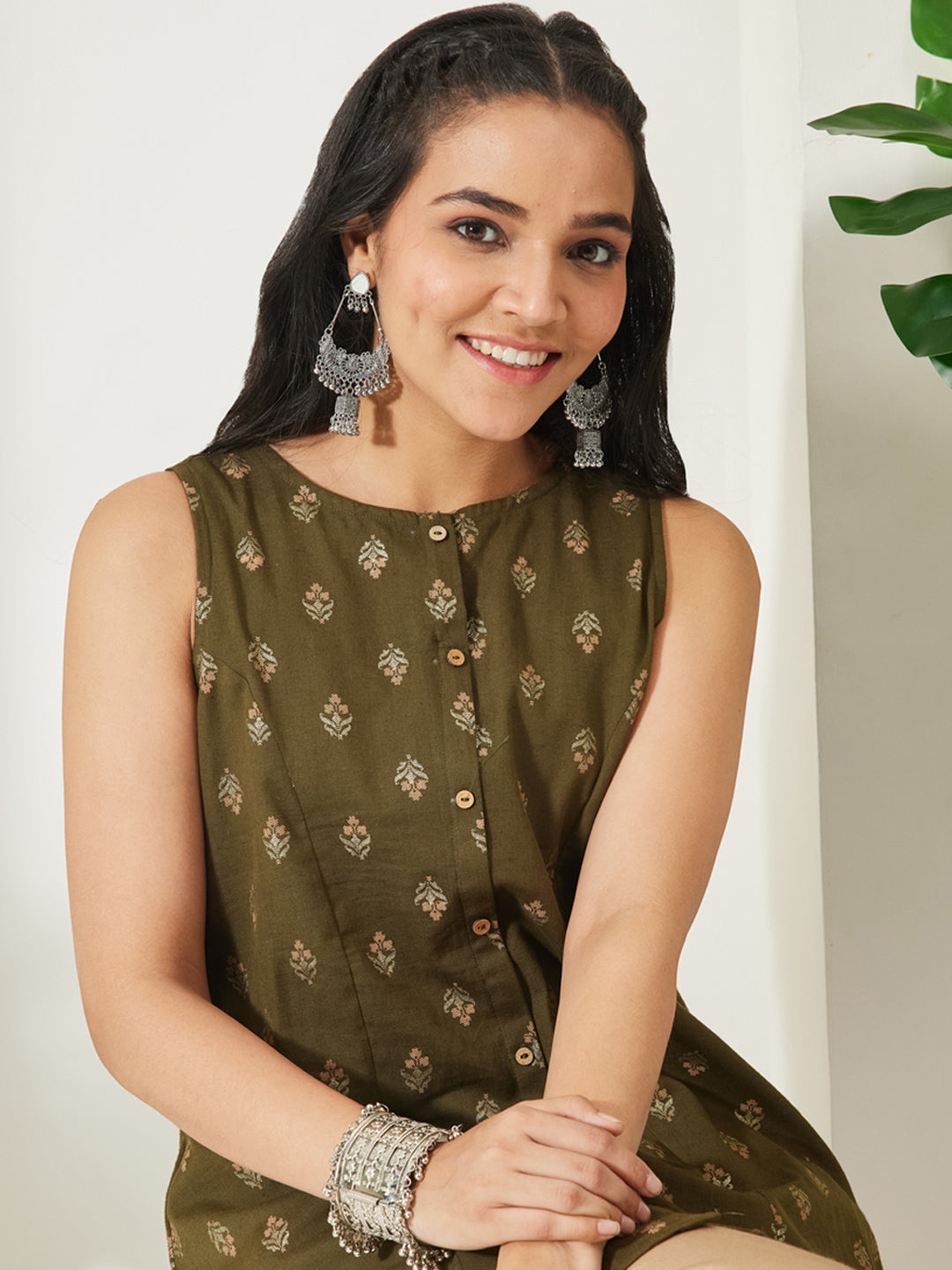 Janasya Women's Olive Green Linen Cotton Foil Ethnic Motifs Print A-Line Tunic