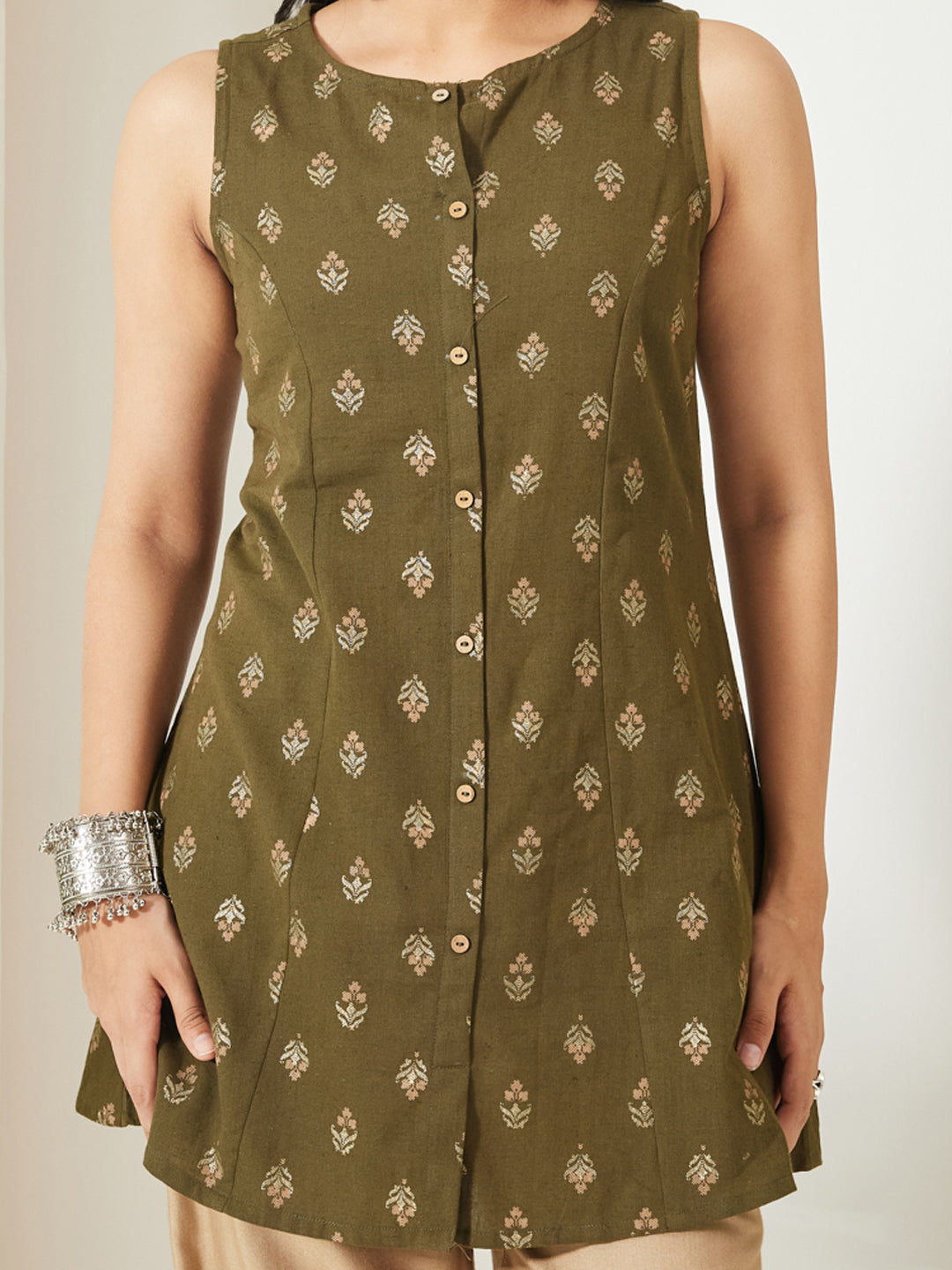 Janasya Women's Olive Green Linen Cotton Foil Ethnic Motifs Print A-Line Tunic