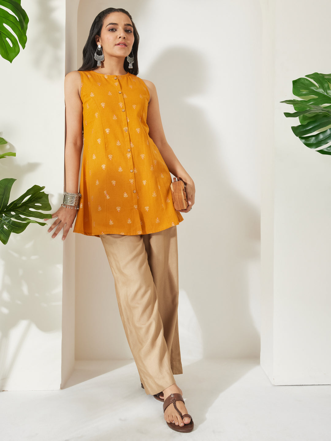 Janasya Women's Mustard Linen Cotton Foil Print A-Line Tunic