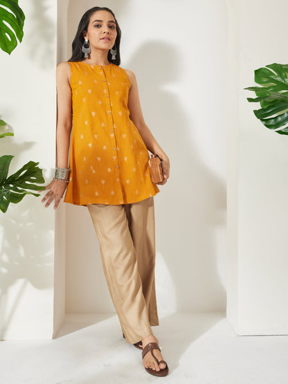 Janasya Women's Mustard Linen Cotton Foil Print A-Line Tunic