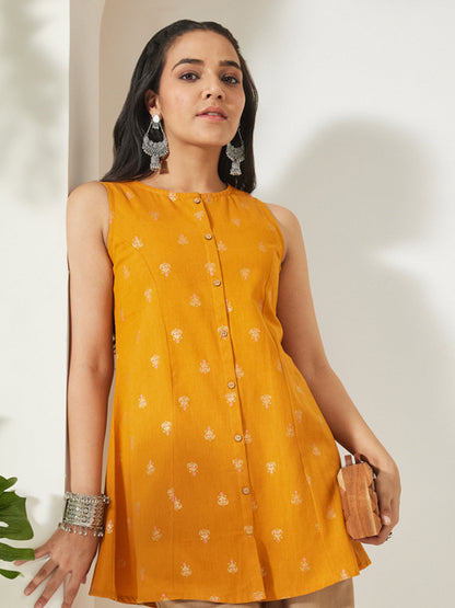 Janasya Women's Mustard Linen Cotton Foil Print A-Line Tunic