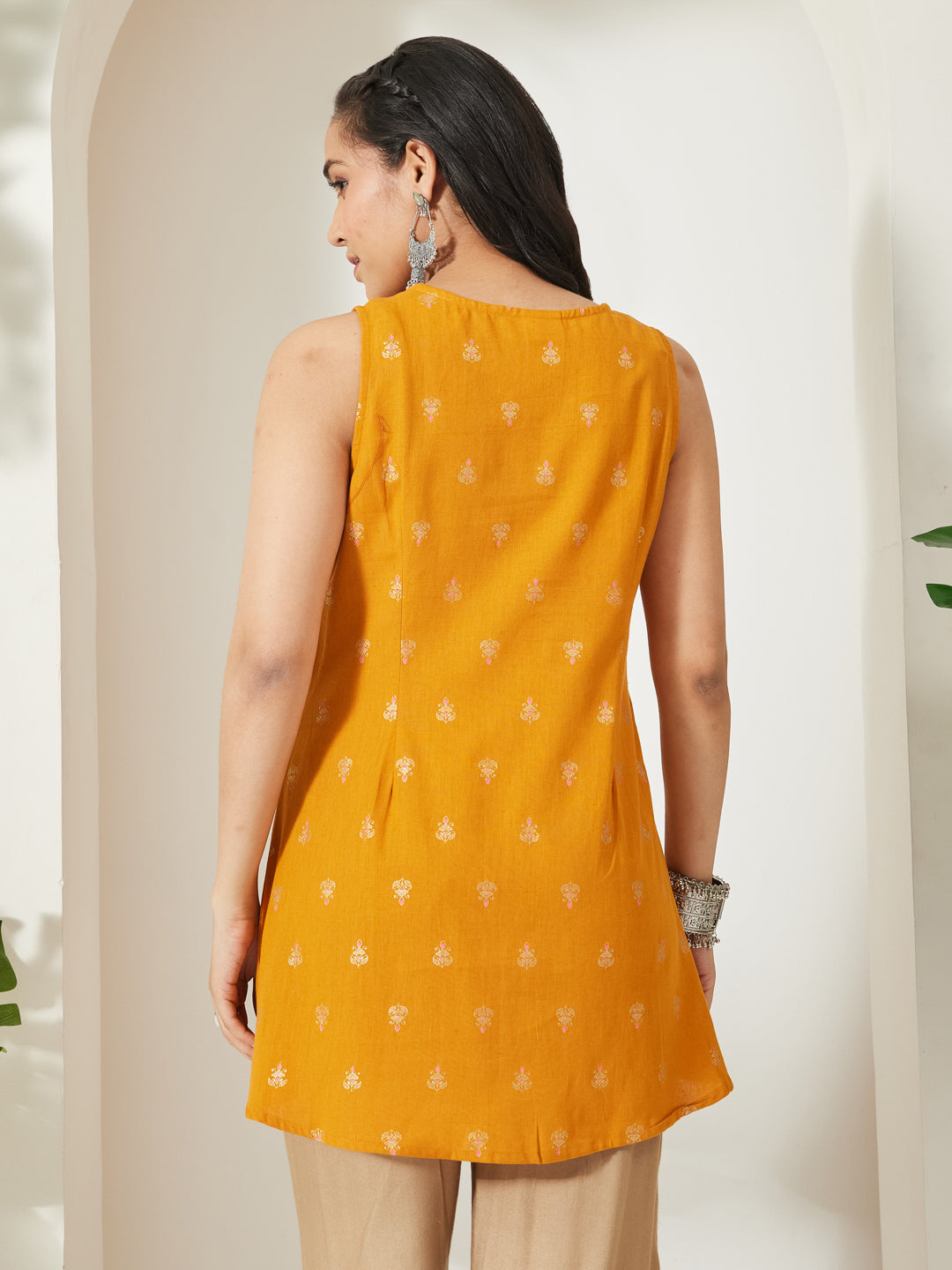Janasya Women's Mustard Linen Cotton Foil Print A-Line Tunic
