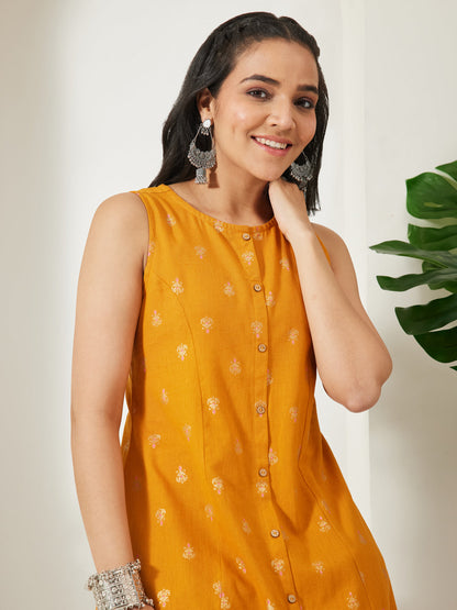 Janasya Women's Mustard Linen Cotton Foil Print A-Line Tunic