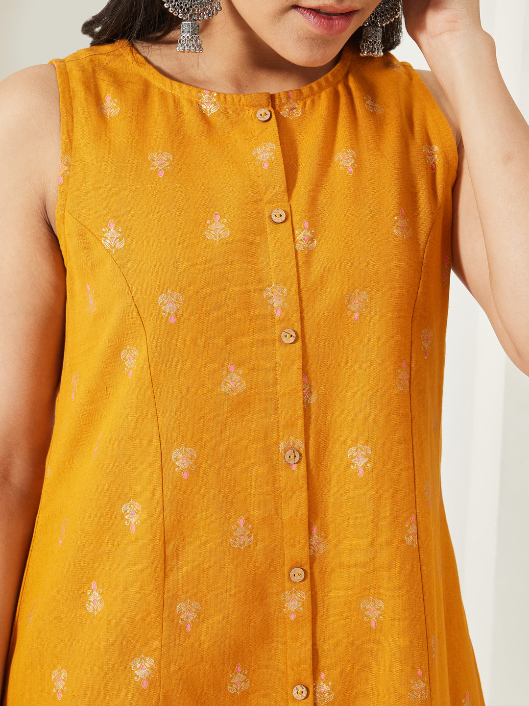 Janasya Women's Mustard Linen Cotton Foil Print A-Line Tunic