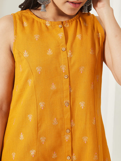 Janasya Women's Mustard Linen Cotton Foil Print A-Line Tunic