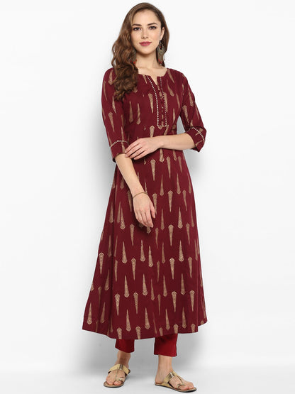 Maroon Cotton Foil Print A-line Kurta Janasya