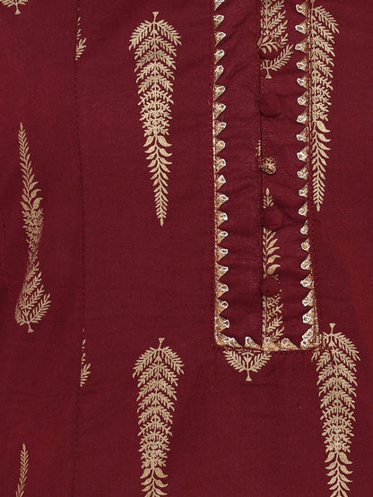 Maroon Cotton Foil Print A-line Kurta Janasya