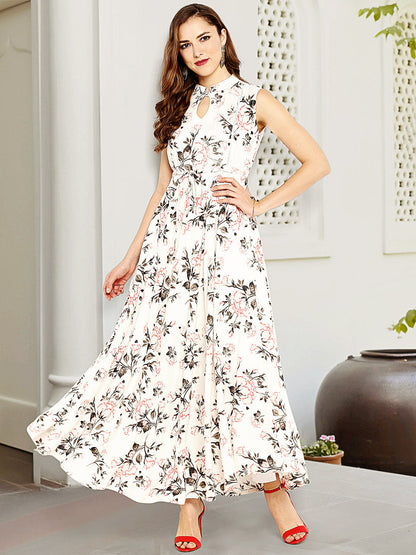 White Rayon Floral Print Gown Kurta Janasya