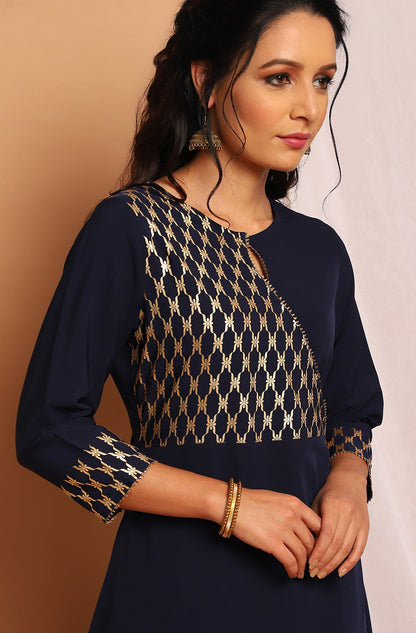 Navy Blue Poly Crepe Ethnic Motifs Flared Kurta Janasya