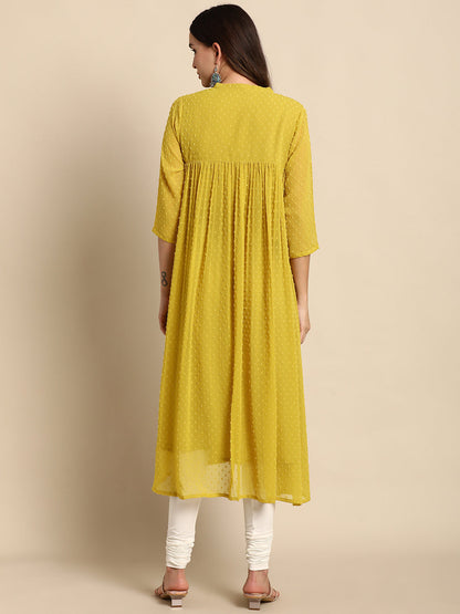 Mustard Poly Chiffon Self Design Frontslit Kurta Janasya