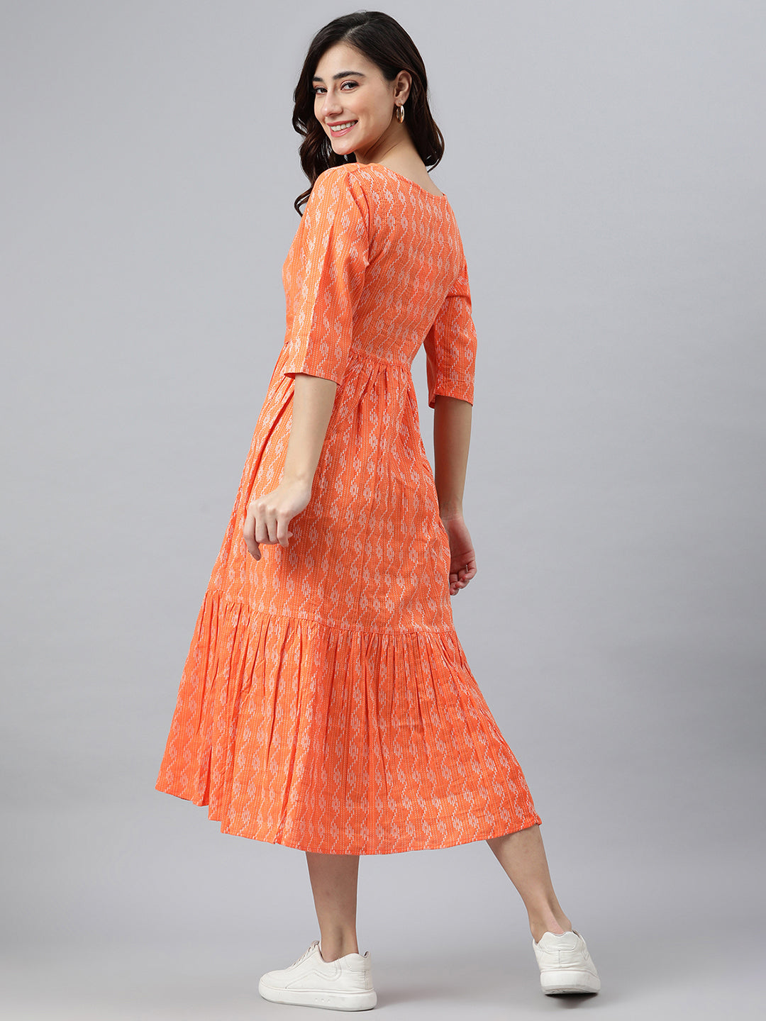 Orange Cotton Woven Design Tiered Western Dress