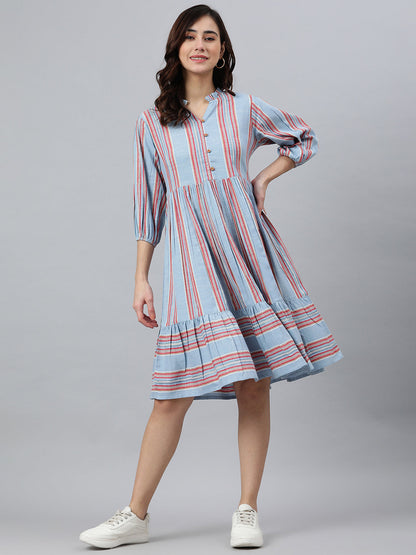 flared western dress Janasya Women's Blue Poly Georgette Floral Flared Western Dress