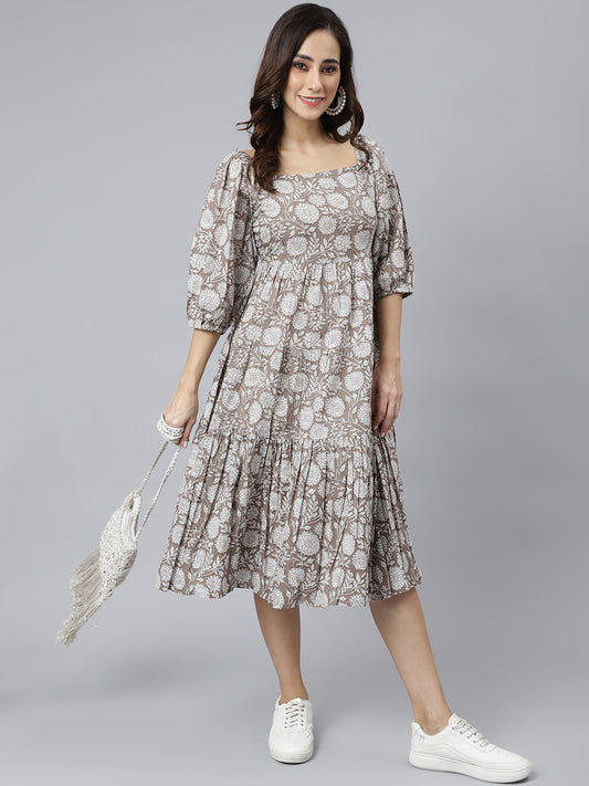 Grey Cotton Floral Print Flared Western Dress Janasya Gold