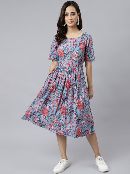 Blue Cotton Floral Print Flared Western Dress Janasya Gold