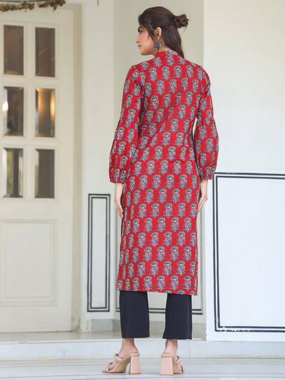 Maroon Cotton Floral Print Flared Kurta
