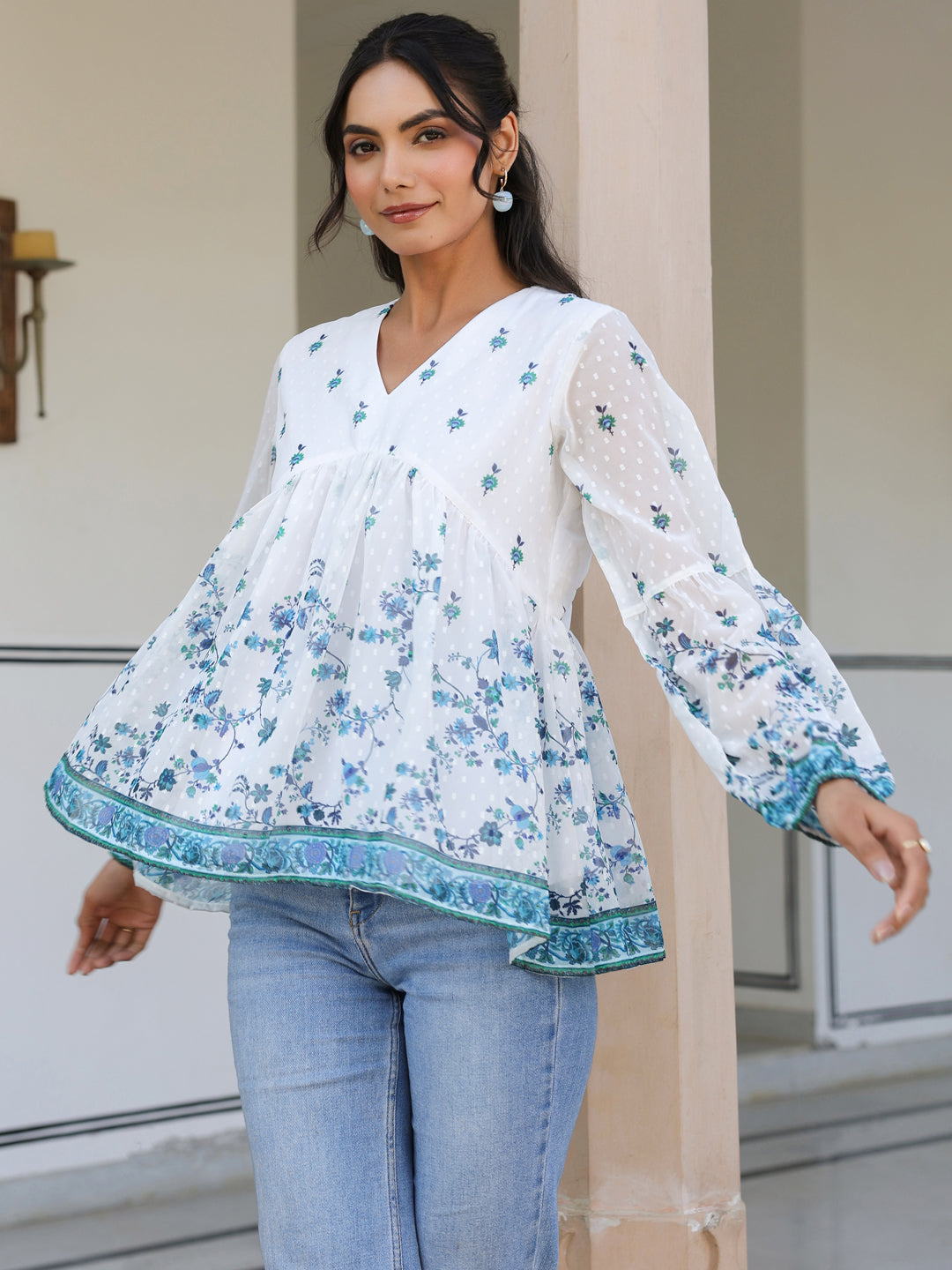 White Georgette Digital Print Flared Top
