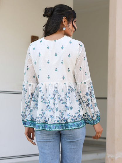 White Georgette Digital Print Flared Top
