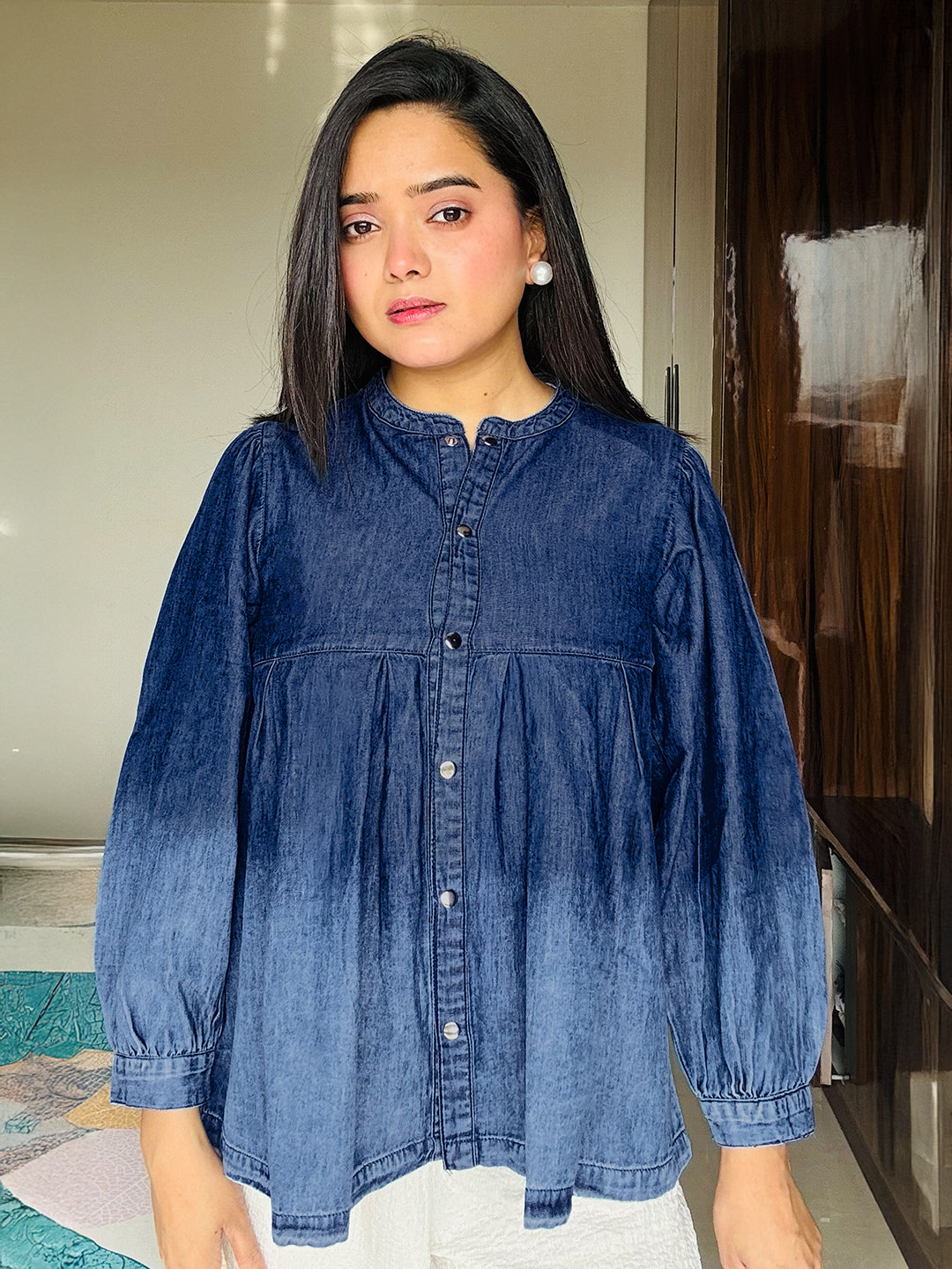 Janasya Women's Blue Denim Faded Flared Top