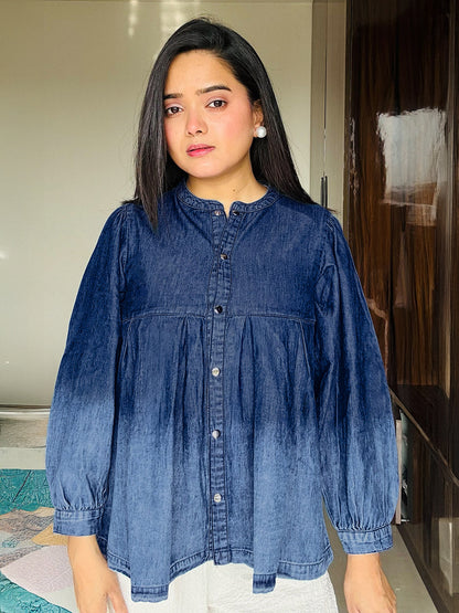 Janasya Women's Blue Denim Faded Flared Top