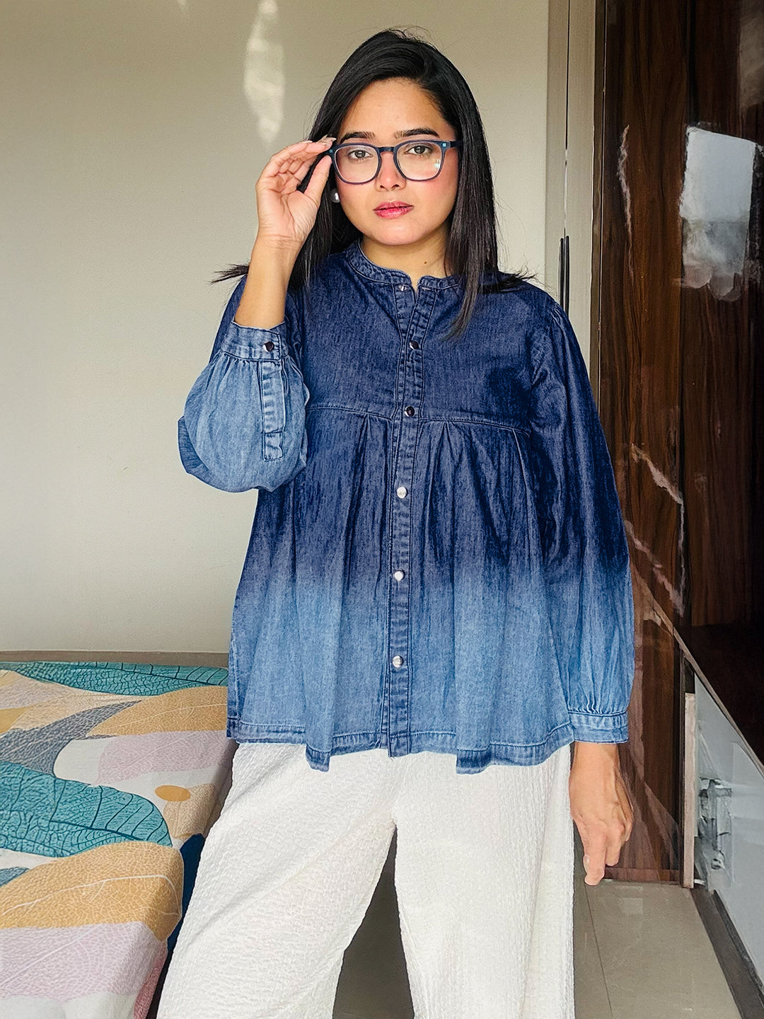 Janasya Women's Blue Denim Faded Flared Top