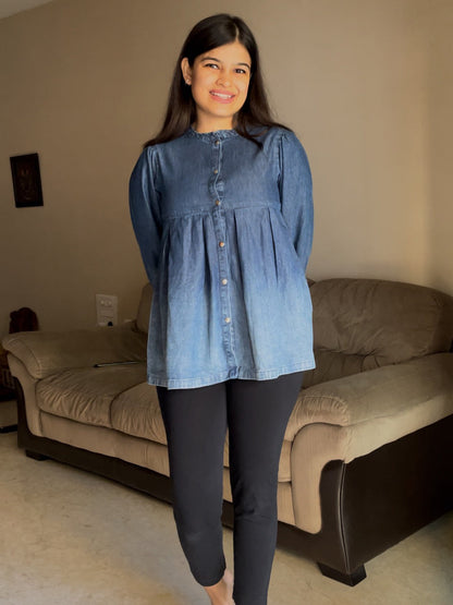 Janasya Women's Blue Denim Faded Flared Top