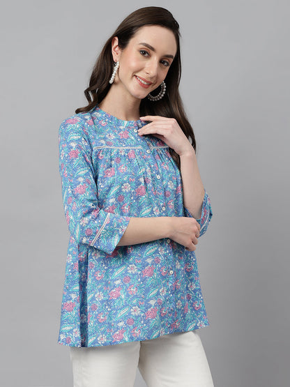 Women's Blue Cotton Botanical Print Empire Top Janasya