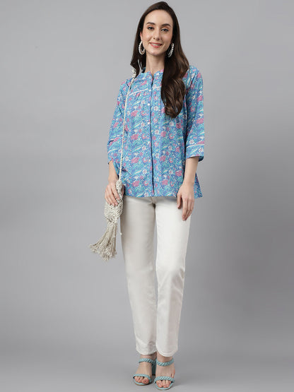 Women's Blue Cotton Botanical Print Empire Top Janasya