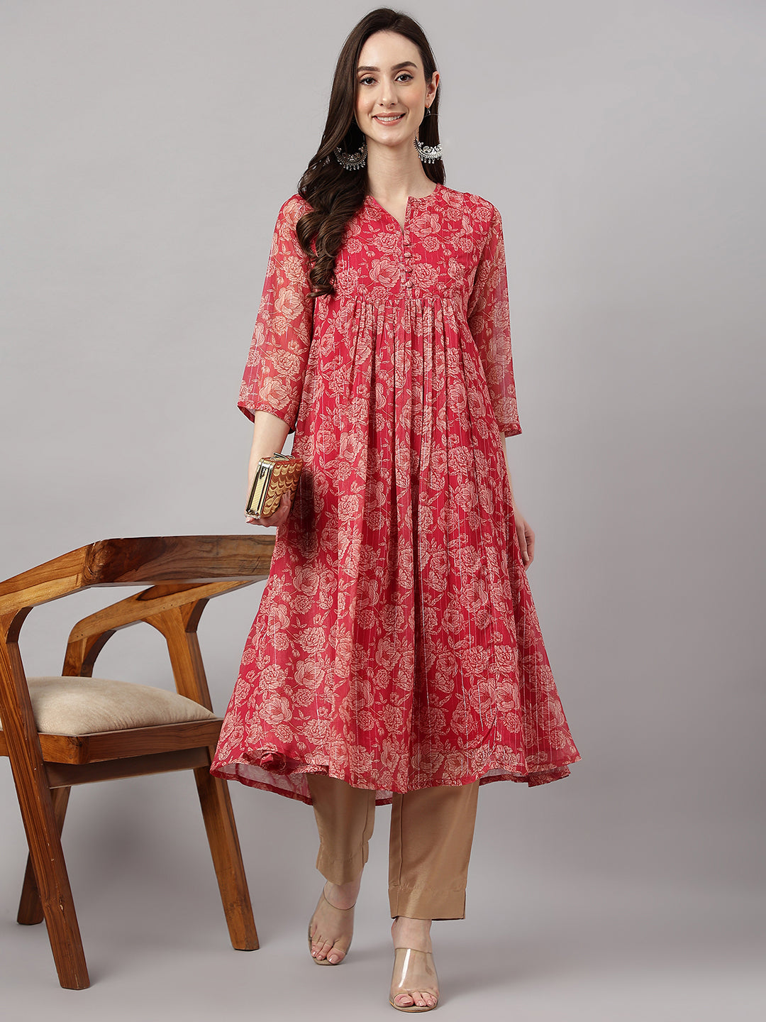 Janasya Women's Dark Pink Chiffon Lurex Floral Printed flared Kurta