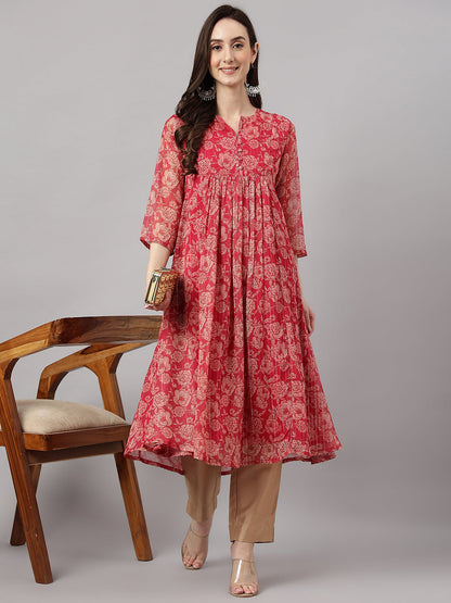 Janasya Women's Dark Pink Chiffon Lurex Floral Printed flared Kurta