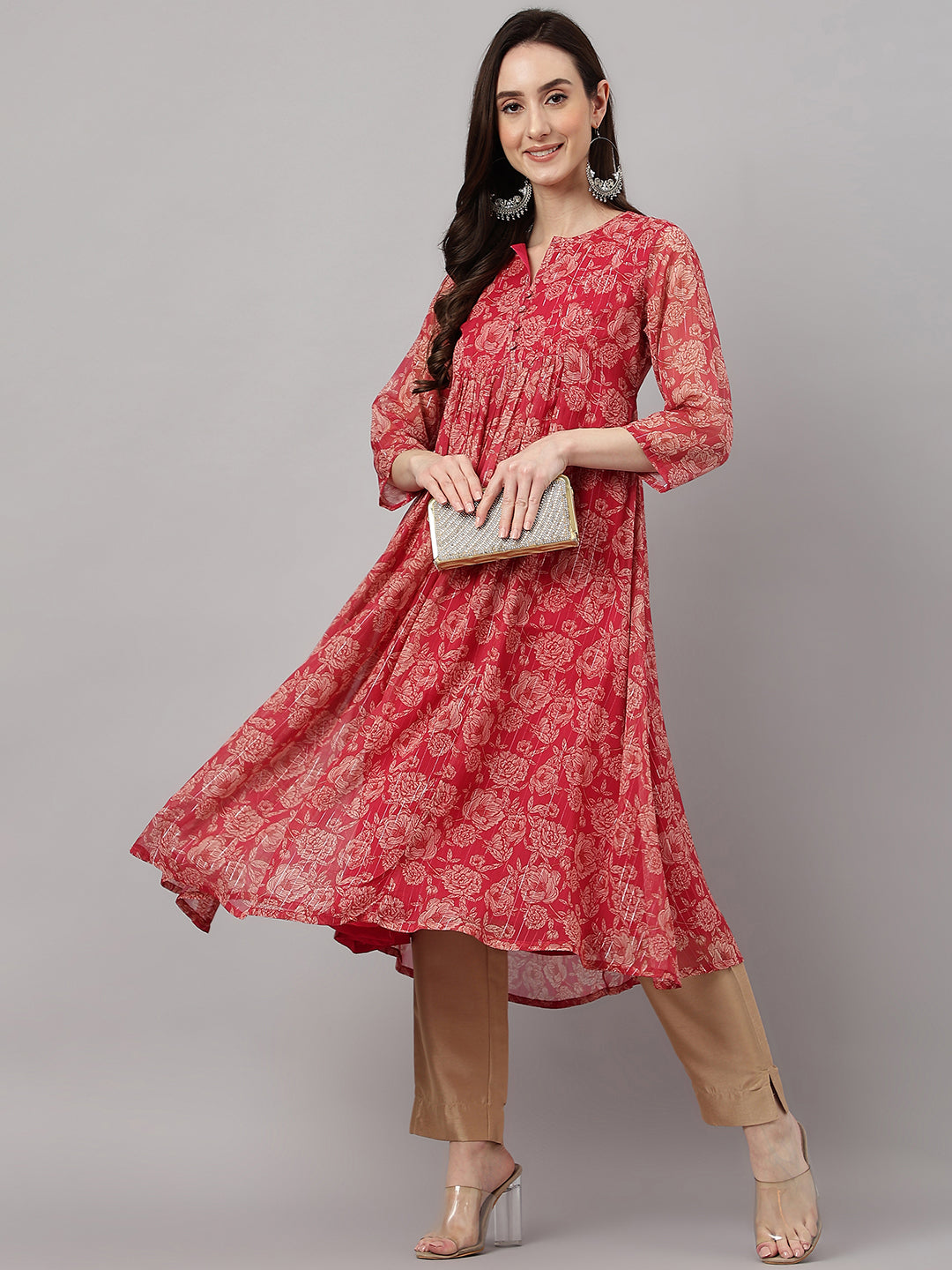 Janasya Women's Dark Pink Chiffon Lurex Floral Printed flared Kurta