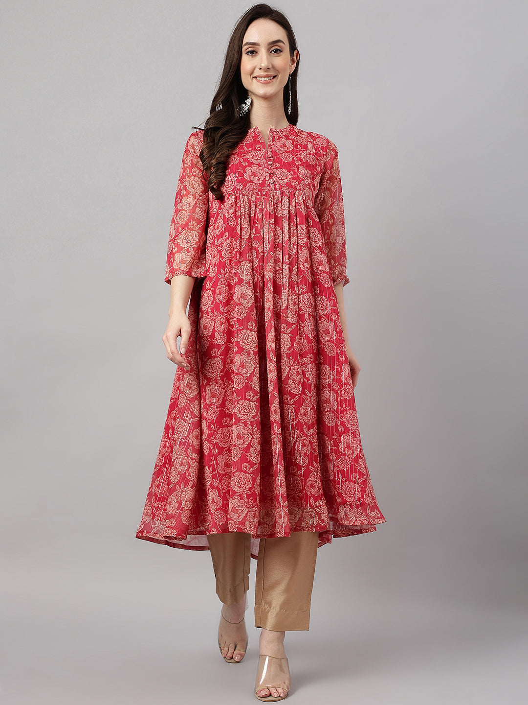 Janasya Women's Dark Pink Chiffon Lurex Floral Printed flared Kurta